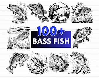 May include: A collection of black and white bass fish illustrations. The image includes various depictions of bass fish, some jumping out of water, and the text "100+ BASS FISH" in blue. The bottom of the image displays "SVG - PNG - DXF - EPS".