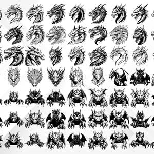 May include: A set of 50 black and white dragon illustrations. The dragons are in various poses, including flying, standing, and roaring. Some dragons have wings, while others do not. The illustrations are perfect for use in digital or physical projects.