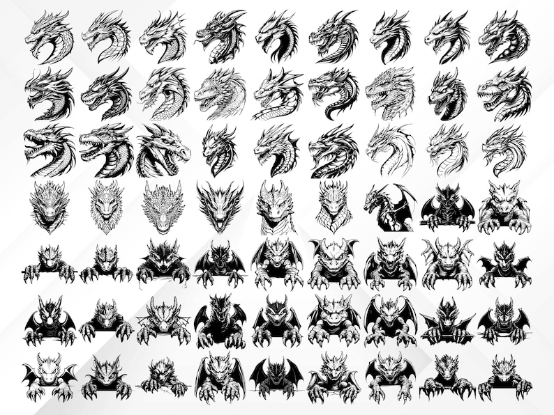May include: A set of 50 black and white dragon illustrations. The dragons are in various poses, including flying, standing, and roaring. Some dragons have wings, while others do not. The illustrations are perfect for use in digital or physical projects.