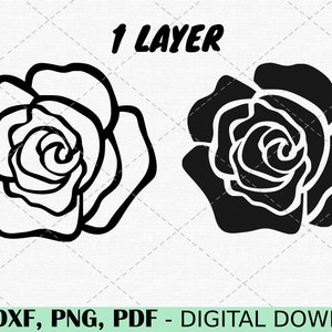 May include: Black and white silhouette of a rose with 1 layer.  SVG, DXF, PNG, PDF - Digital Download