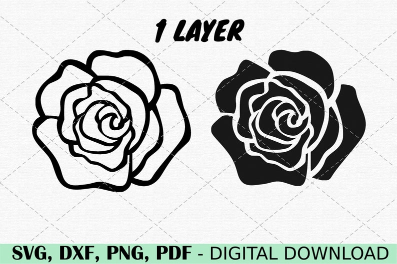 May include: Black and white silhouette of a rose with 1 layer.  SVG, DXF, PNG, PDF - Digital Download