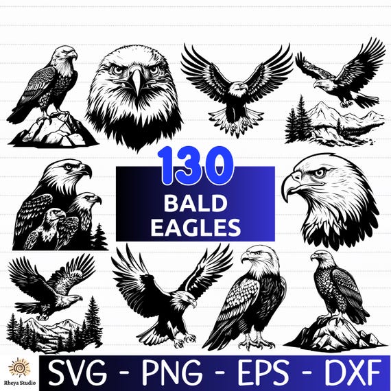 130 Bald Eagle SVG Bundle | American Eagle Silhouettes and Clipart | Patriotic USA Bird Cut Files for Cricut, Silhouette |svg, eps, png, dxf
