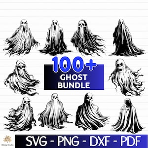 May include: A digital download of 100+ black and white ghost illustrations in SVG, PNG, DXF, and PDF formats. The ghosts are in various poses and have a spooky, Halloween theme.