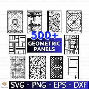 Può includere: Una collezione di dieci pannelli geometrici rettangolari in bianco e nero con vari motivi complessi, inclusi disegni floreali, a griglia e astratti. Il testo centrale recita 500+ GEOMETRIC PANELS, con SVG - PNG - EPS - DXF in basso.