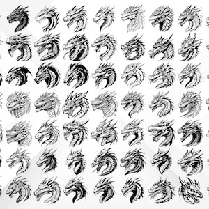 May include: A collection of 48 black and white line drawings of dragon heads, each with a unique design and expression. The dragons are facing to the right and have various features, including horns, scales, and wings.