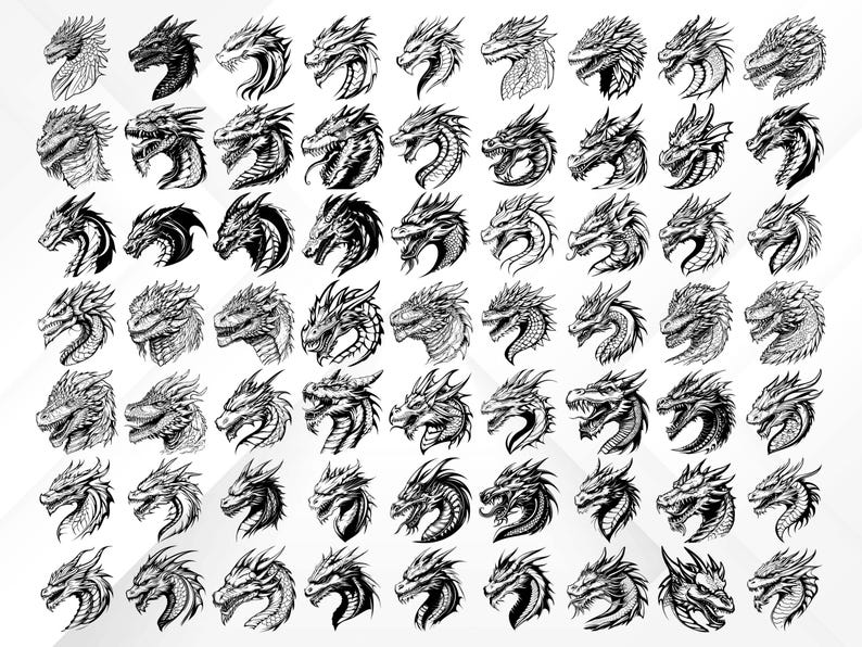 May include: A collection of 48 black and white line drawings of dragon heads, each with a unique design and expression. The dragons are facing to the right and have various features, including horns, scales, and wings.