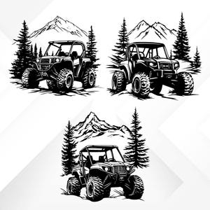 May include: Black and white illustration of three off-road vehicles driving through a mountain landscape. The vehicles are surrounded by trees and mountains.