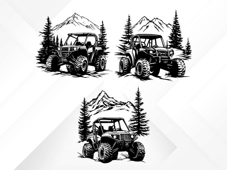 May include: Black and white illustration of three off-road vehicles driving through a mountain landscape. The vehicles are surrounded by trees and mountains.
