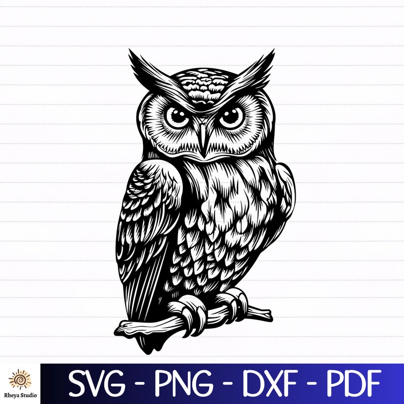 May include: Black and white illustration of an owl perched on a branch. The owl has large, round eyes and detailed feathers.