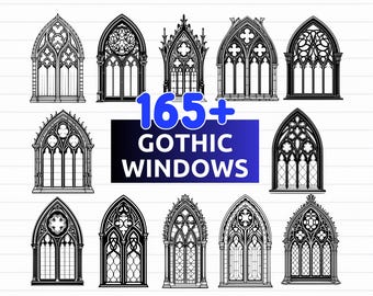 May include: A collection of black and white Gothic window designs. The image features various arched window styles with intricate tracery. The text "165+ GOTHIC WINDOWS" is displayed in a blue and white banner. The image also includes file type options: SVG, PNG, EPS, and DXF.