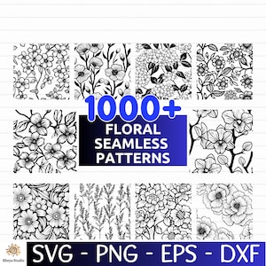 May include: A selection of black and white floral seamless patterns. The image features the text "1000+ FLORAL SEAMLESS PATTERNS" in a blue rectangle. The image also displays "SVG - PNG - EPS - DXF" below the patterns.