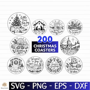 Peut inclure: Un ensemble de dix motifs circulaires en noir et blanc sur le thème de Noël, illustrant un sapin, une crèche, une tasse, des pommes de pin, des épices, un village, une porte, des cadeaux, une couronne et un hibou, avec le texte 200 CHRISTMAS COASTERS SVG PNG EPS DXF.