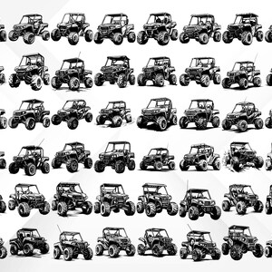 May include: A collection of 36 black and white illustrations of off-road vehicles. The vehicles are drawn in a cartoon style and are all facing forward.