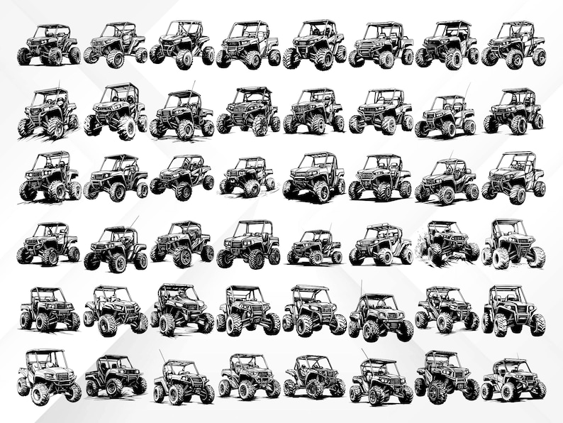 May include: A collection of 36 black and white illustrations of off-road vehicles. The vehicles are drawn in a cartoon style and are all facing forward.