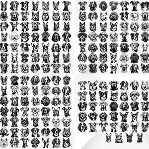 May include: A black and white illustration of a variety of dog breeds. The dogs are all facing forward and have different expressions. The illustration is a great resource for artists and designers who are looking for inspiration for their work.