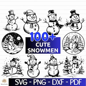 May include: A digital download of 100+ cute snowman SVG, PNG, DXF, and PDF files. The image shows a variety of black and white snowman illustrations with different poses and accessories.