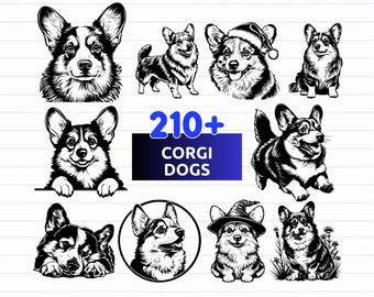 May include: A collection of black and white illustrations featuring various Corgi dogs in different poses, including portraits, a dog wearing a Santa hat, and a dog in a witch hat. The text 210+ CORGI DOGS is centered, with SVG, PNG, EPS, DXF below.