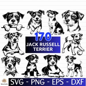 Può includere: Un set di 10 illustrazioni vettoriali in bianco e nero di Jack Russell Terrier in varie pose. Il testo "170 Jack Russell Terrier" è visualizzato in uno striscione sopra le immagini. Il testo "SVG - PNG - EPS - DXF" è visualizzato sotto le immagini.