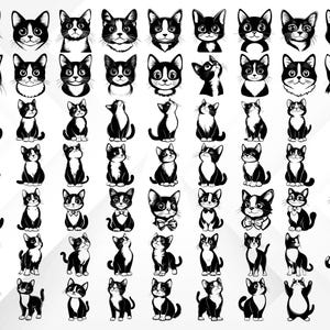 May include: A collection of black and white cat illustrations in various poses and expressions. The images include cat faces, full-body depictions, and cats with bow ties, all in a simple, graphic style. The cats are in different positions, such as sitting, standing, and looking up.