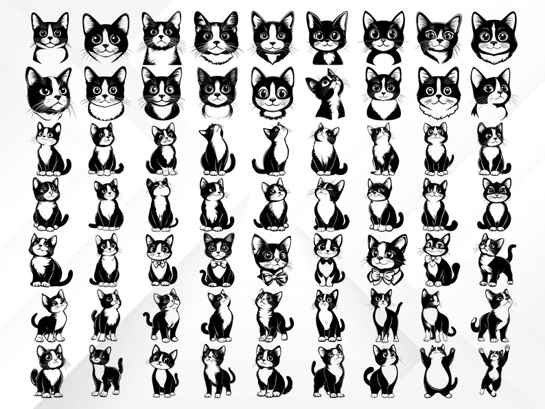 May include: A collection of black and white cat illustrations in various poses and expressions. The images include cat faces, full-body depictions, and cats with bow ties, all in a simple, graphic style. The cats are in different positions, such as sitting, standing, and looking up.