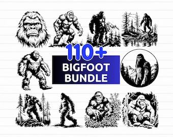 May include: A collection of Bigfoot illustrations in black and white. The images depict various poses of the creature, including standing, walking, and in a forest setting. The text "110+ Bigfoot Bundle" is displayed in a blue rectangle. The bottom of the image shows file type options.