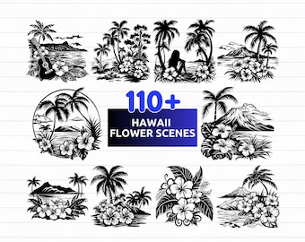 May include: Black and white illustrations of Hawaiian scenes, including palm trees, flowers, and ocean views. The image includes the text "110+ HAWAII FLOWER SCENES" and file type options: SVG, PNG, EPS, and DXF.
