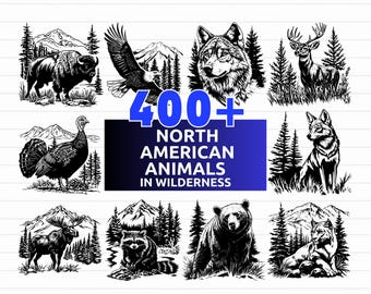 May include: Black and white illustrations of North American animals in a wilderness setting. The image includes a bison, eagle, wolf, deer, turkey, coyote, moose, raccoon, bear, and mountain lion. Text reads "400+ North American Animals in Wilderness."