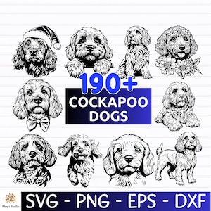 Peut inclure: Plusieurs illustrations en noir et blanc de chiens Cockapoo dans diverses poses. L'image comprend le texte "190+ COCKAPOO DOGS" en bleu, ainsi que les indications de type de fichier : SVG, PNG, EPS et DXF. Les illustrations mettent en valeur la fourrure bouclée de la race.