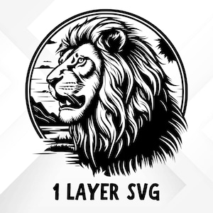 May include: Black and white illustration of a lion's head with a mane, set against a circular background with a landscape scene. The image is labeled "1 LAYER SVG".