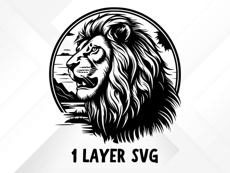 May include: Black and white illustration of a lion's head with a mane, set against a circular background with a landscape scene. The image is labeled "1 LAYER SVG".