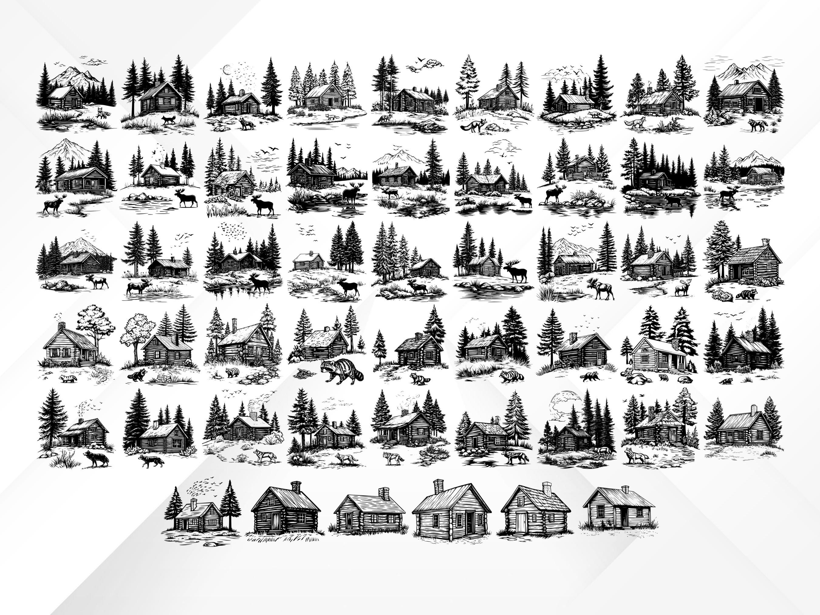 300+ Wooden Cabin SVG Bundle | Rustic Log Cabin Silhouettes, Mountain ...