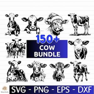 Puede incluir: Una colección de ilustraciones de vacas en blanco y negro en varias poses, incluyendo una vaca con un gorro de Papá Noel y otra adornada con flores. La imagen incluye el texto "150+ COW BUNDLE" e información de tipo de archivo.