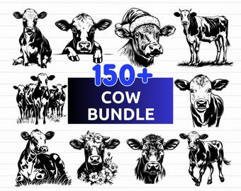 May include: A collection of black and white cow illustrations in various poses, including a cow wearing a Santa hat and one adorned with flowers. The image includes the text "150+ COW BUNDLE" and file type information.