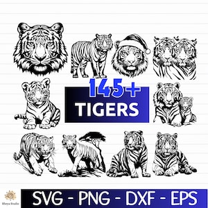 Puede incluir: Una colección de ilustraciones de tigres en blanco y negro en varias poses, incluyendo una cara de tigre, un tigre de pie y un tigre con un gorro de Papá Noel. La imagen incluye el texto "145+ TIGERS" y "SVG - PNG - DXF - EPS".