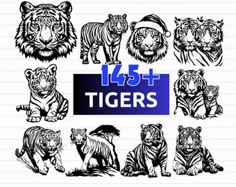 May include: A collection of black and white tiger illustrations in various poses, including a tiger face, standing tiger, and a tiger wearing a Santa hat. The image includes the text "145+ TIGERS" and "SVG - PNG - DXF - EPS".