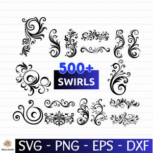 May include: A collection of black graphic swirl designs arranged on a white grid background. The center features a blue rectangular box with the white text 500+ SWIRLS. The bottom banner displays the text SVG - PNG - EPS - DXF in white.