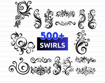 May include: A collection of black graphic swirl designs arranged on a white grid background. The center features a blue rectangular box with the white text 500+ SWIRLS. The bottom banner displays the text SVG - PNG - EPS - DXF in white.