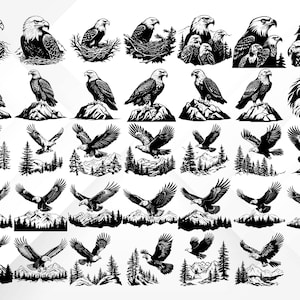 May include: A collection of 30 black and white vector illustrations of eagles in various poses. The eagles are depicted in a variety of settings, including trees, mountains, and nests. The illustrations are perfect for use in a variety of projects, such as website design, print media, and social media.