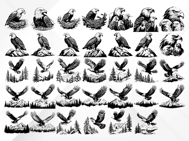 May include: A collection of 30 black and white vector illustrations of eagles in various poses. The eagles are depicted in a variety of settings, including trees, mountains, and nests. The illustrations are perfect for use in a variety of projects, such as website design, print media, and social media.