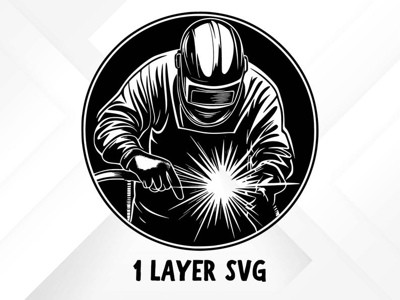 May include: Black and white illustration of a welder in a protective helmet and gear, focused on the bright sparks from the welding process. The image is contained within a black circle, with the text "1 LAYER SVG" at the bottom.
