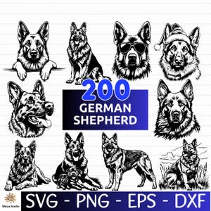May include: A digital download of 200 black and white vector illustrations of German Shepherd dogs in various poses. The text "200 GERMAN SHEPHERD" is displayed in a blue rectangle. The text "SVG - PNG - EPS - DXF" is displayed at the bottom of the image.