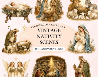 May include: A collection of vintage nativity scene illustrations featuring the infant in a manger, Mary, Joseph, angels, shepherds, and animals. The central text reads COMMERCIAL USE CLIPART VINTAGE NATIVITY SCENES 48 TRANSPARENT PNGS in black font.