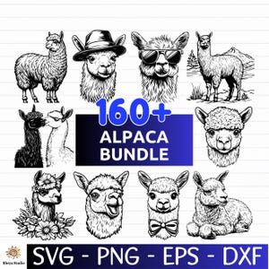 Könnte beinhalten: Ein digitales Kunstpaket mit schwarz-weißen Alpaka-Illustrationen. Die Sammlung umfasst Alpakas in verschiedenen Posen, mit Accessoires wie Hüten und Sonnenbrillen, sowie den Text "160+ ALPACA BUNDLE" in einem blauen Rechteck. Dateiformate: SVG, PNG, EPS, DXF.