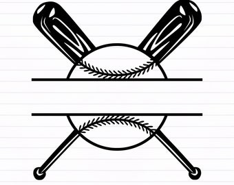 May include: Black and white silhouette of two baseball bats crossed behind a baseball. The baseball has stitching and a space for text in the center.