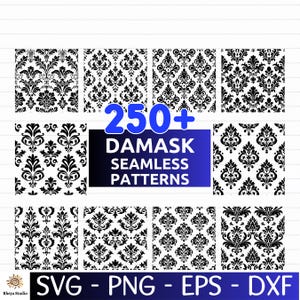 Puede incluir: Una colección de patrones sin costuras de damasco en blanco y negro con diseños florales y ornamentales. La imagen incluye el texto "250+ DAMASK SEAMLESS PATTERNS" y "SVG - PNG - EPS - DXF".