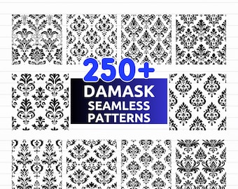 May include: A collection of black and white damask seamless patterns. The image features various floral and ornamental designs. Text in the image reads "250+ DAMASK SEAMLESS PATTERNS" and "SVG - PNG - EPS - DXF".