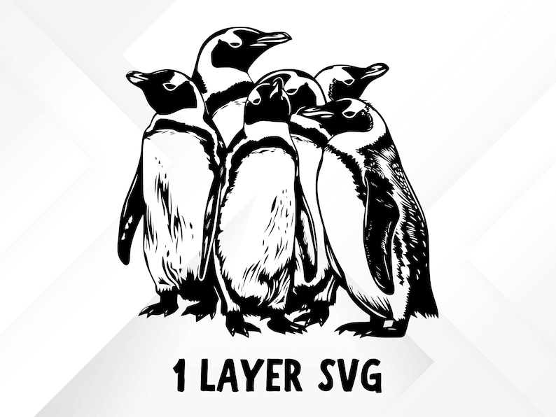 May include: Black and white line art illustration of five penguins huddled together. The penguins are facing different directions, with their heads and necks overlapping. The illustration is simple and stylized, with a focus on the penguins' shapes and forms.