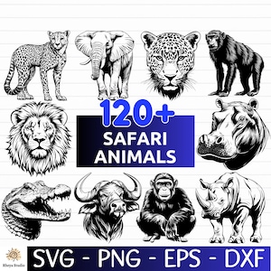 May include: A selection of black and white illustrations of safari animals, such as a cheetah, elephant, leopard, monkey, lion, hippo, crocodile, buffalo, chimpanzee, and rhino. The image includes the text "120+ SAFARI ANIMALS" and "SVG - PNG - EPS - DXF".
