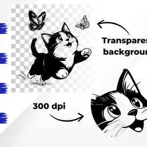 May include: Black and white cartoon illustration of a playful kitten reaching for butterflies. The image includes the text "Transparent background" and "300 dpi", along with file type labels: SVG, EPS, PNG, and DXF.