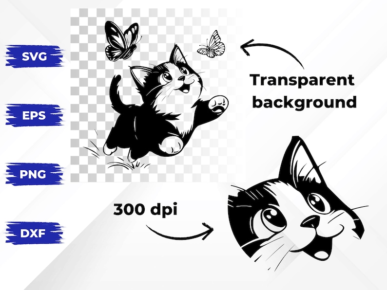May include: Black and white cartoon illustration of a playful kitten reaching for butterflies. The image includes the text "Transparent background" and "300 dpi", along with file type labels: SVG, EPS, PNG, and DXF.